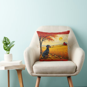 Dachshund on the farm at sunset throw pillow