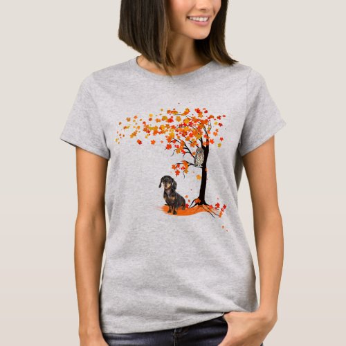 Dachshund Owl And Fall Tree Dachshund Lover Autumn T_Shirt