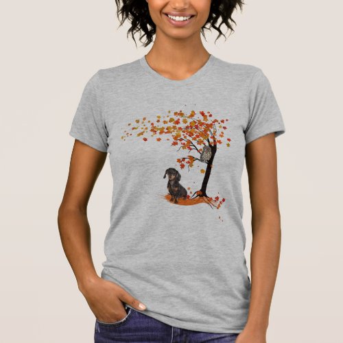 Dachshund Owl And Fall Tree Dachshund Lover Autumn T_Shirt