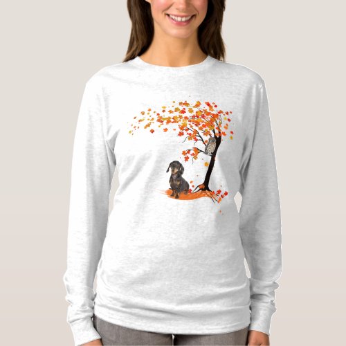 Dachshund Owl And Fall Tree Dachshund Lover Autumn T_Shirt