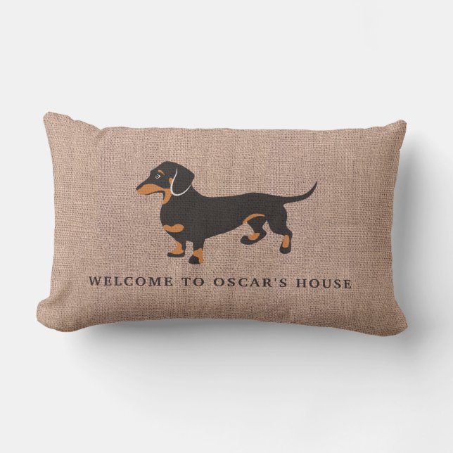 Dachshund Owns The House Funny Burlap Lumbar Pillow (Front)