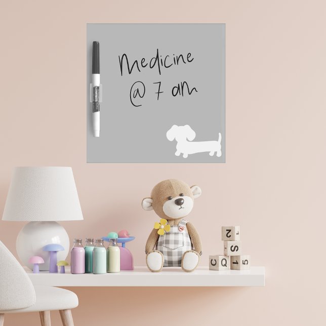 Dachshund Pale Gray Nursey Erasable White Board   (Wiener dog note board for home office, nursery or fridge)