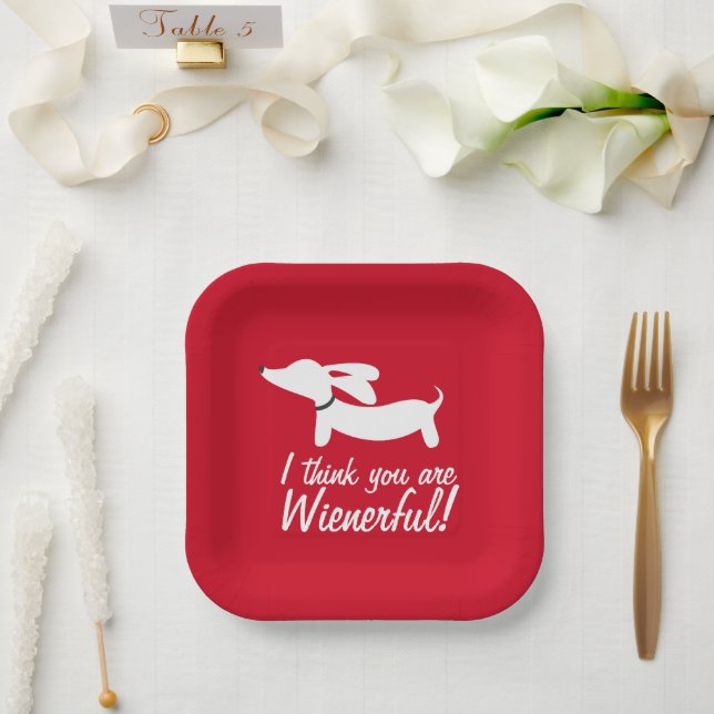 Dachshund Party Red "I think you are wienerful" Paper Plates (Wedding)