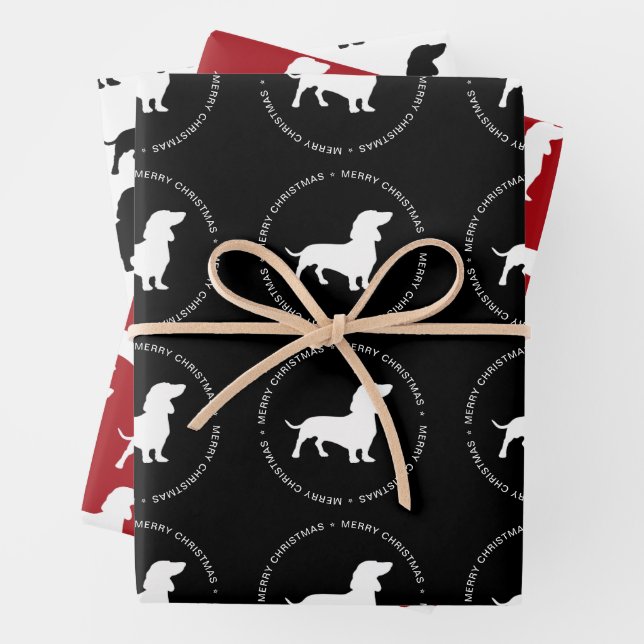 Dachshund Pattern Merry Christmas Wrapping Paper Sheets (In situ)