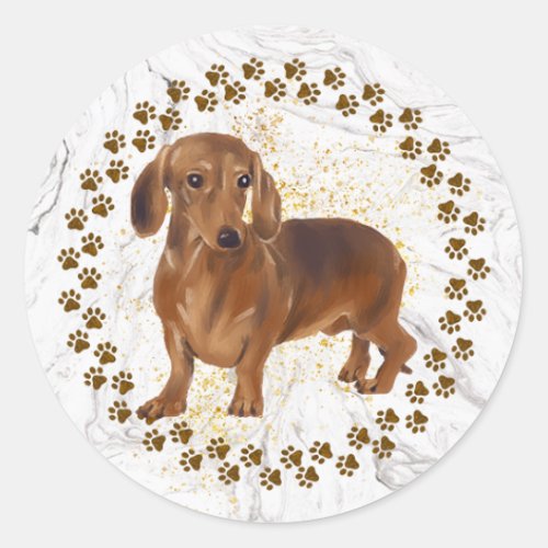 Dachshund Paw Prints and Marble Background Classic Round Sticker