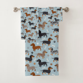 Dachshund Paws and Bones Pattern Blue Bath Towel Set