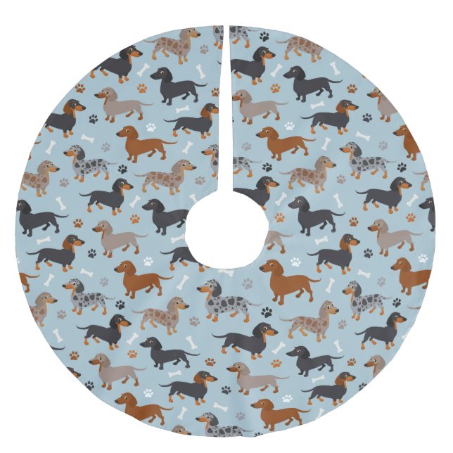 Dachshund Paws and Bones Pattern Blue Brushed Polyester Tree Skirt (Front)