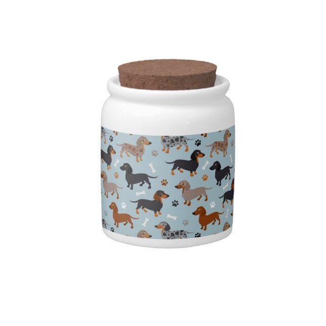 Dachshund Paws and Bones Pattern Blue Candy Jar (Front)
