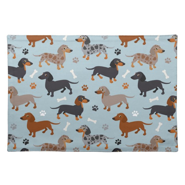 Dachshund Paws and Bones Pattern Blue Cloth Placemat (Front)
