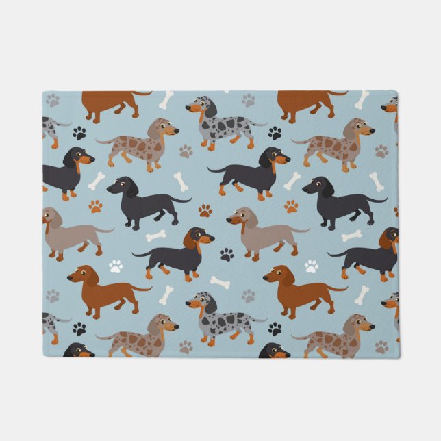 Dachshund Paws and Bones Pattern Blue Doormat (Front)