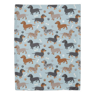 Dachshund Paws and Bones Pattern Blue Duvet Cover