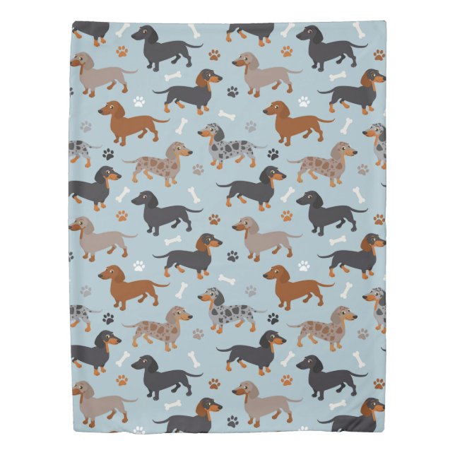 Dachshund Paws and Bones Pattern Blue Duvet Cover (Front)