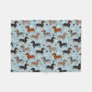 Dachshund Paws and Bones Pattern Blue Fleece Blanket