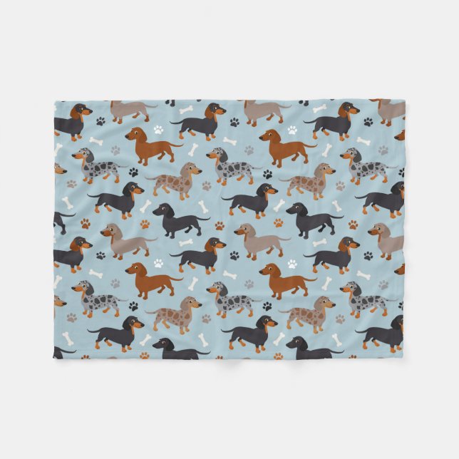 Dachshund Paws and Bones Pattern Blue Fleece Blanket (Front (Horizontal))