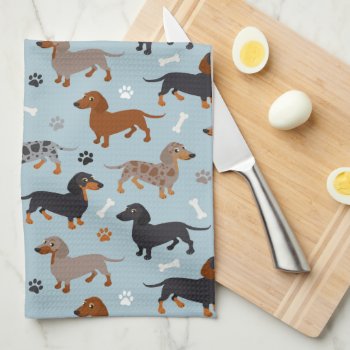 Dachshund Paws And Bones Pattern Blue Kitchen Towel by JKLDesigns at Zazzle