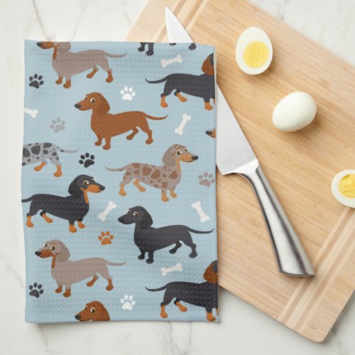 Dachshund Paws and Bones Pattern Blue Kitchen Towel