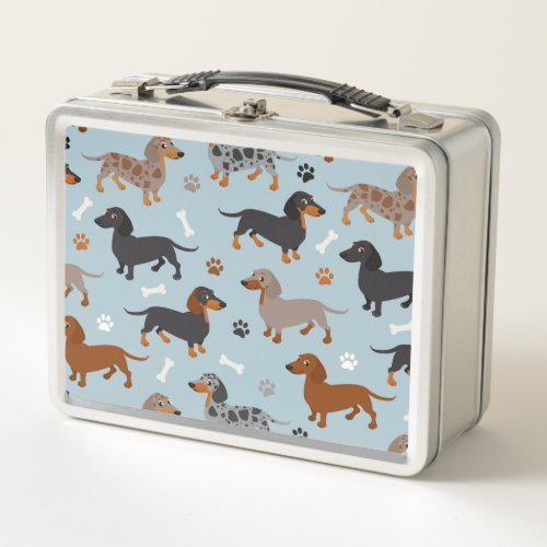 Dachshund Paws and Bones Pattern Blue Metal Lunch Box