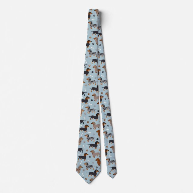 Dachshund Paws and Bones Pattern Blue Neck Tie (Front)