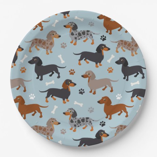 Dachshund Paws and Bones Pattern Blue Paper Plates