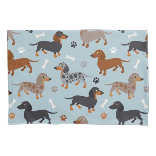 Dachshund Paws and Bones Pattern Blue Pillow Case