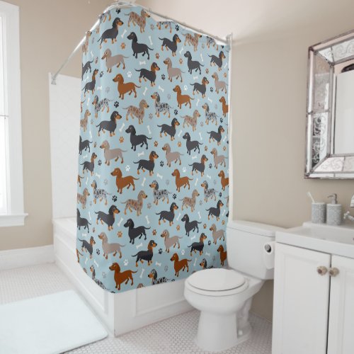 Dachshund Paws and Bones Pattern Blue Shower Curtain
