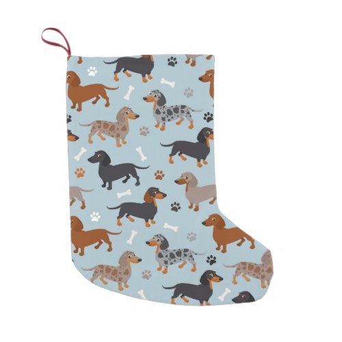 Dachshund Paws and Bones Pattern Blue Small Christmas Stocking