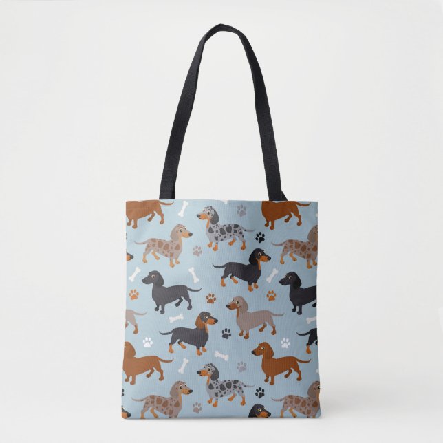 Dachshund Paws and Bones Pattern Blue Tote Bag (Front)