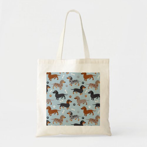 Dachshund Paws and Bones Pattern Blue Tote Bag