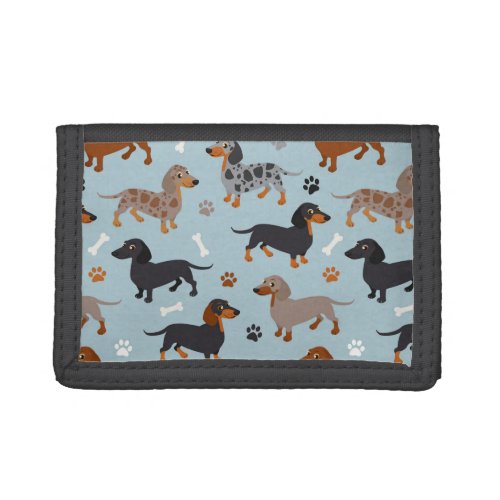 Dachshund Paws and Bones Pattern Blue Trifold Wallet