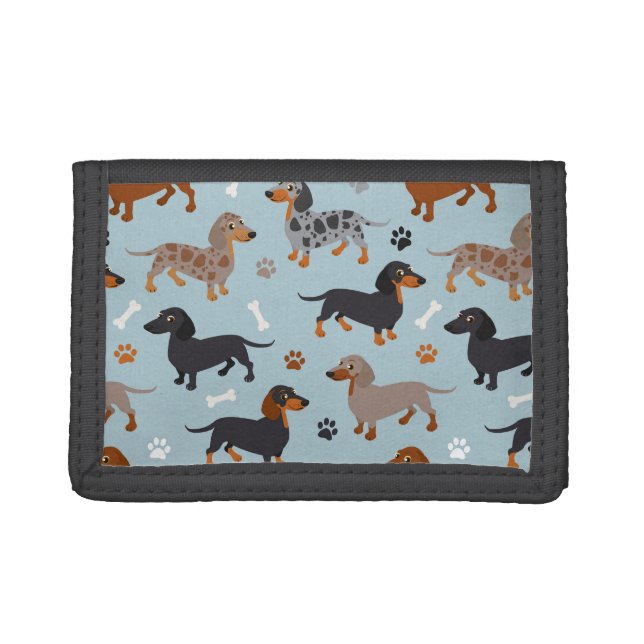Dachshund Paws and Bones Pattern Blue Trifold Wallet (Front)