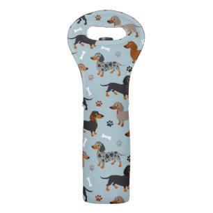 Dachshund Paws and Bones Pattern Blue Wine Bag