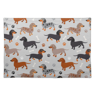 Dachshund Paws and Bones Pattern Gray Cloth Placemat