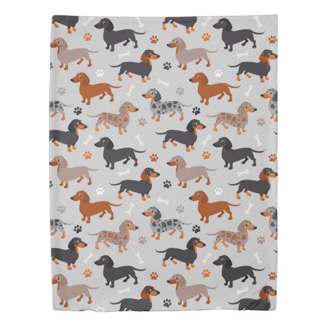 Dachshund Paws and Bones Pattern Gray Duvet Cover (Front)