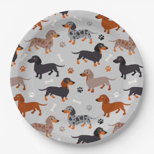 Dachshund Paws and Bones Pattern Gray Paper Plates