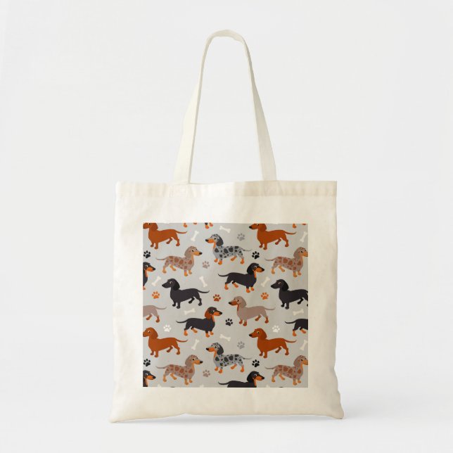 Dachshund Paws and Bones Pattern Gray Tote Bag (Front)
