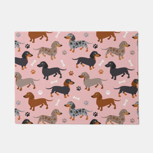 Dachshund Paws and Bones Pattern Pink Doormat