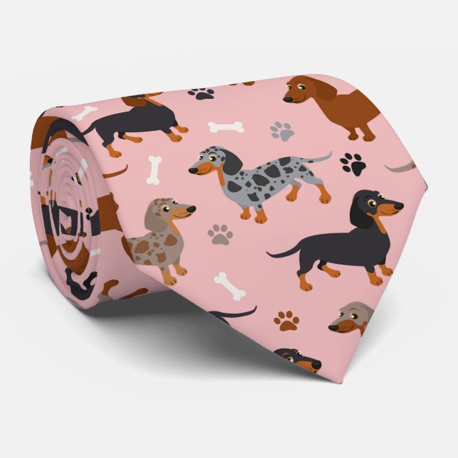 Dachshund Paws and Bones Pattern Pink Neck Tie (Rolled)