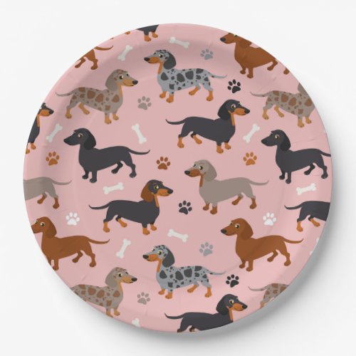 Dachshund Paws and Bones Pattern Pink Paper Plates