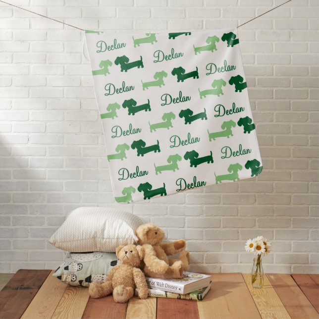 Dachshund Personalized Baby Blanket Green Tones (In Situ)