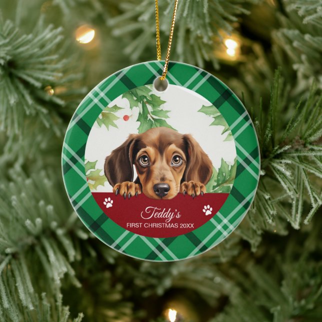 Dachshund Personalized First Christmas Ceramic Ornament (Tree)