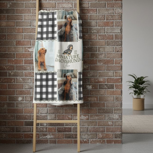 Dachshund Pet Four Photo Checkered Gingham  Fleece Blanket (Cozy up with this Checkered Gingham Dachshund Pet Four Photo Fleece Blanket!)