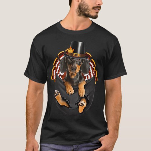 Dachshund Pilgrim Hat In Pocket Happy Thanksgving  T_Shirt