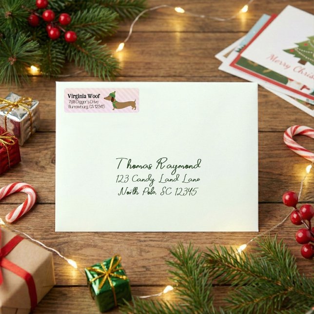 Dachshund Pink Christmas Card Address Labels  (Dachshund Winter Christmas return address labels)