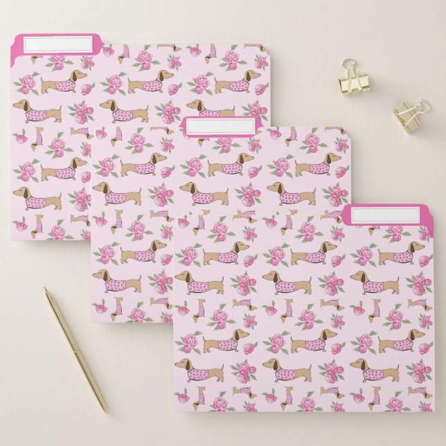 Dachshund Pink Floral Home Office Folder File (Set)