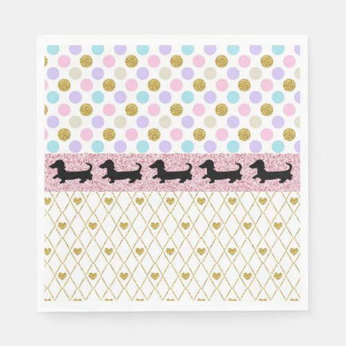 Dachshund Pink Gold Glitter Hearts Paper Napkins