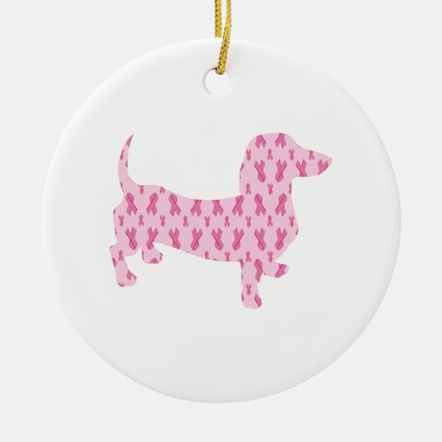 Dachshund Pink Ribbon for Cancer Ceramic Ornament (Front)