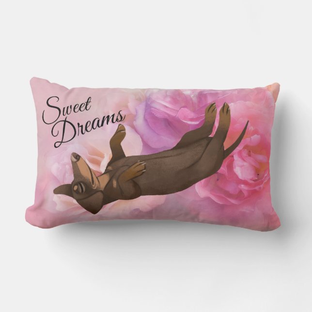 Dachshund Pink Roses Sweet Dreams Pillow (Front)
