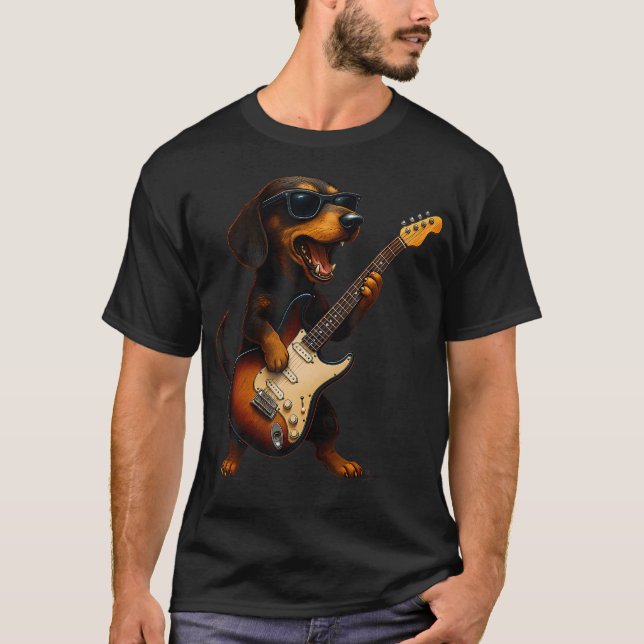 Dachshund Playing Guitar Rock Music Dog Lover Pet  T-Shirt (Front)