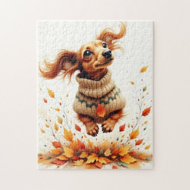 Dachshund playing in the fall leaves jigsaw puzzle (Vertical)