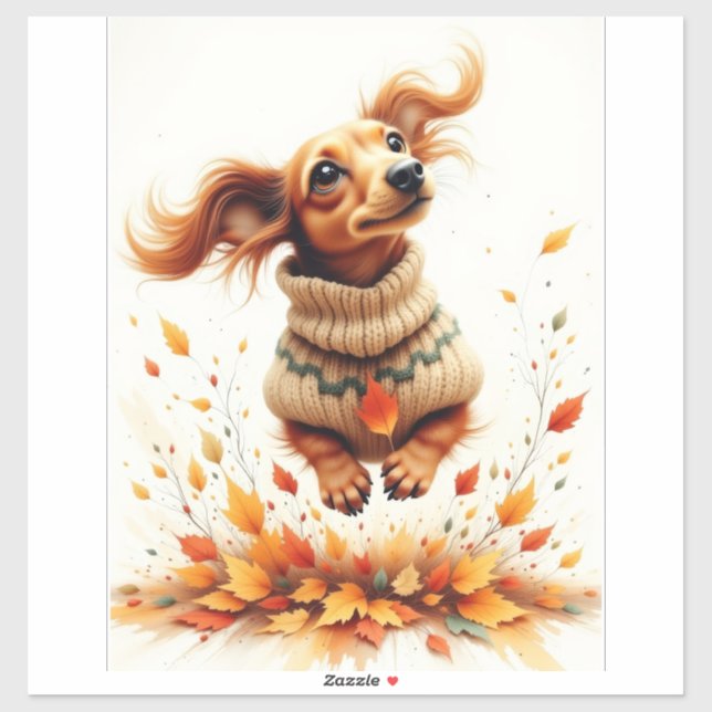 Dachshund playing in the fall leaves sticker (Sheet)